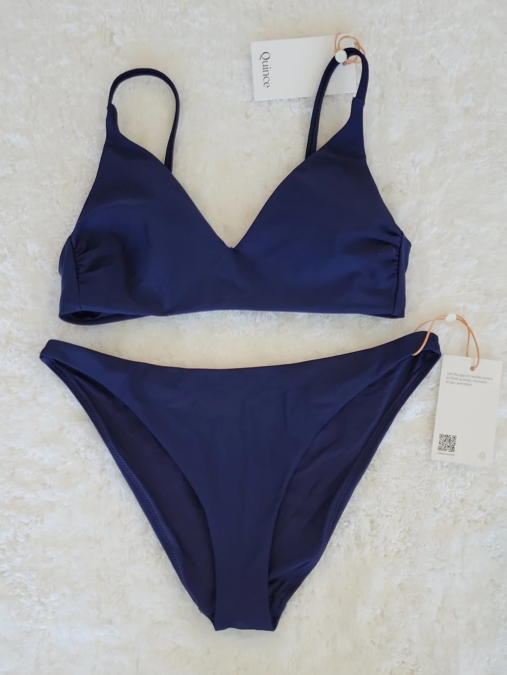 QUINCE Italian Bikini Set V-Neck Top/High Leg Hipster Bottom Navy Blue XS NWT
